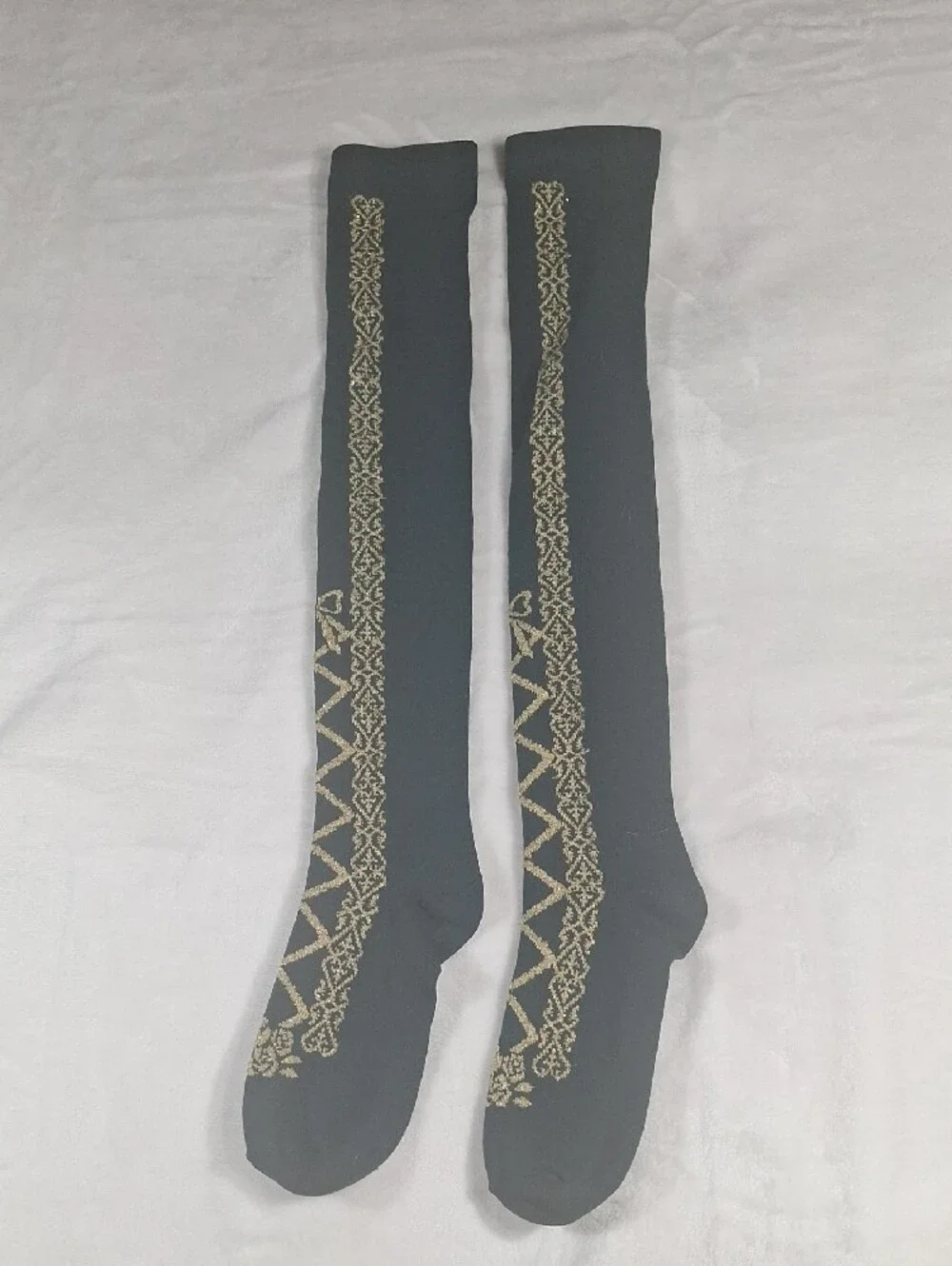 Innocent World Dark Green Lace-Up OTK Socks with Gold Thread Detail | Classic